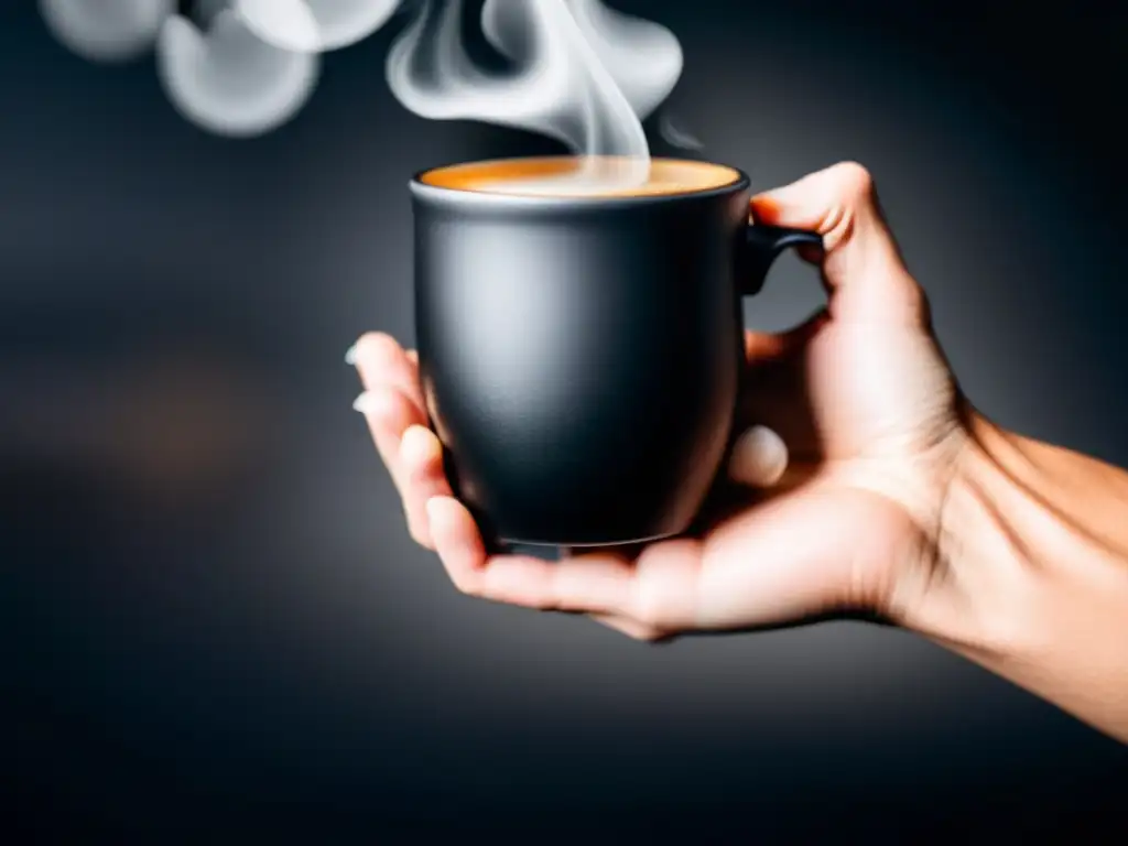 Agarre de atleta: Determinación con café y deporte Un atleta tenso y concentrado sostiene una taza de café negro mate con vapor, en un gimnasio moderno