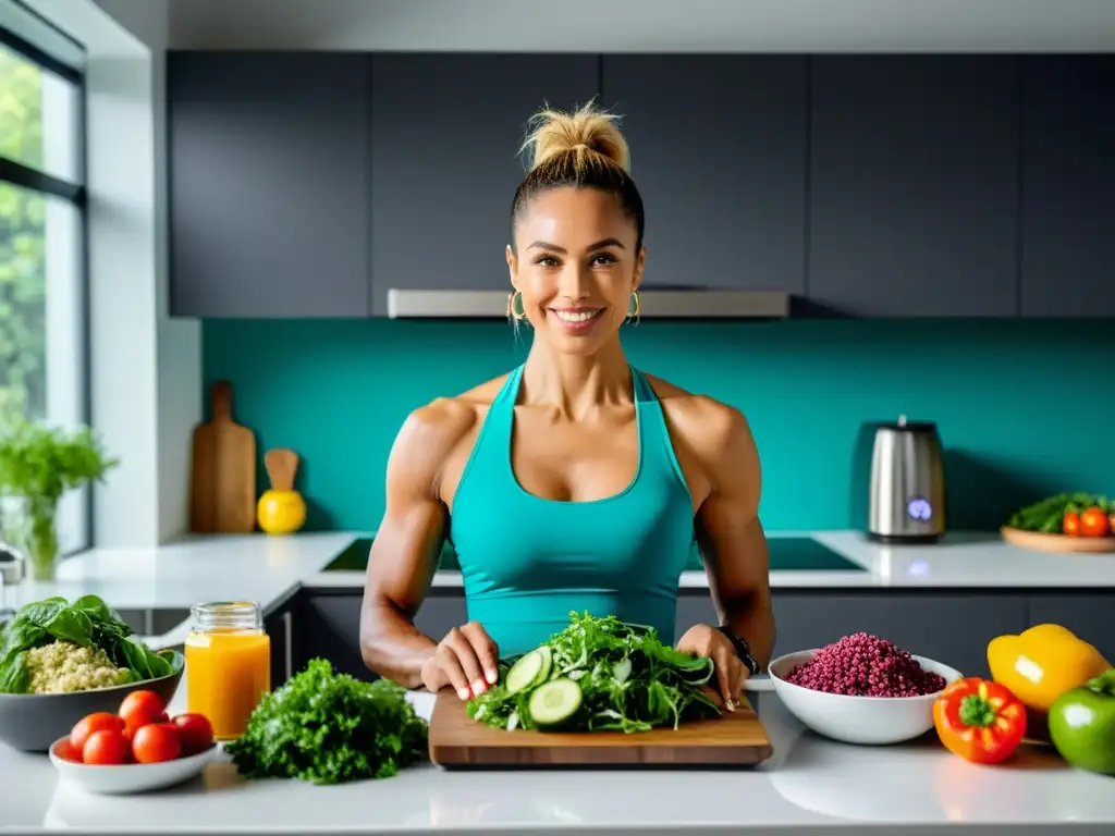 Atleta vegano prepara ensalada de alto rendimiento en cocina moderna Un atleta vegano de alto rendimiento preparando una ensalada colorida en una cocina moderna con asesoría de nutricionista