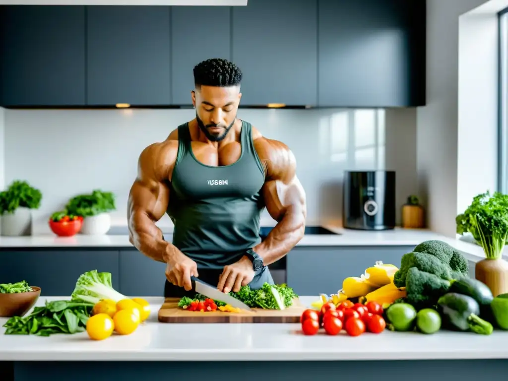 Preparación de comida vegana para atletas: ensalada colorida Un atleta vegano musculoso prepara una comida vegana de alto contenido proteico en una cocina moderna y elegante