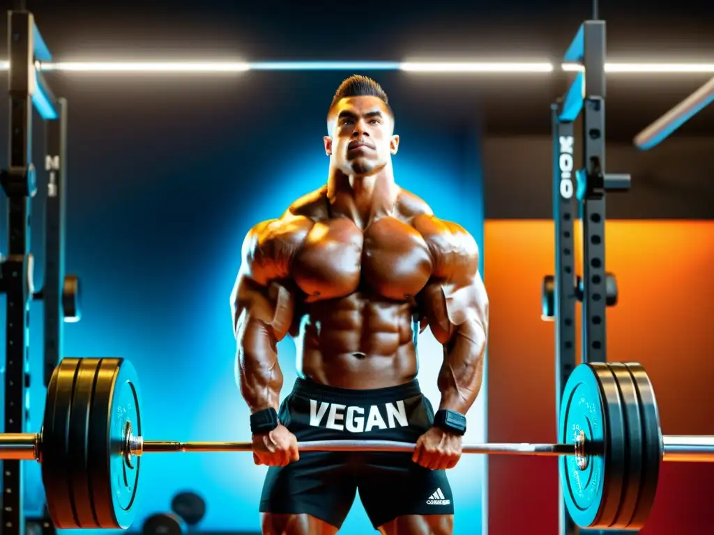 Atleta vegano: Clean and Jerk con intensidad Un atleta vegano musculoso realiza un levantamiento con barra, destacando su enfoque y físico