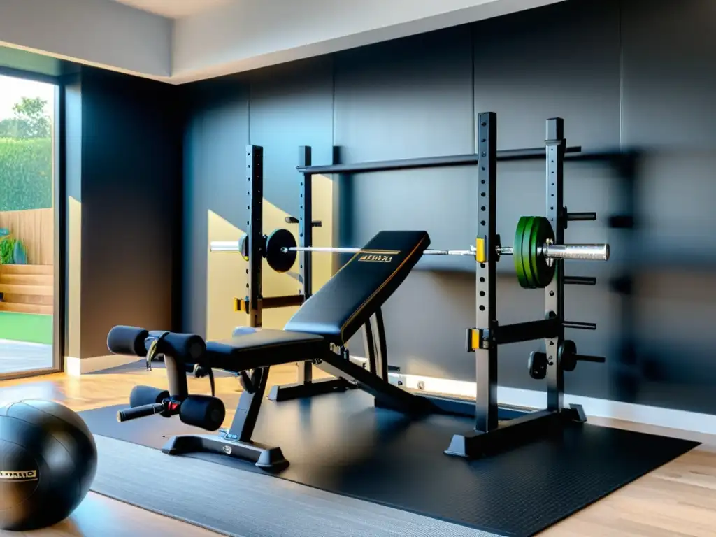 Moderna banca de pesas multifuncional en gimnasio hogareño Un banco de pesas multifuncional en un gimnasio hogareño espacioso y bien iluminado