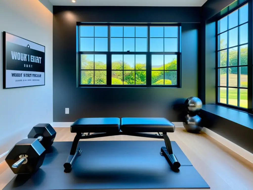 Banco de pesas de lujo en gimnasio moderno Un banco de pesas multifuncional de lujo en un gimnasio hogareño espacioso y bien iluminado con equipamiento de alta calidad