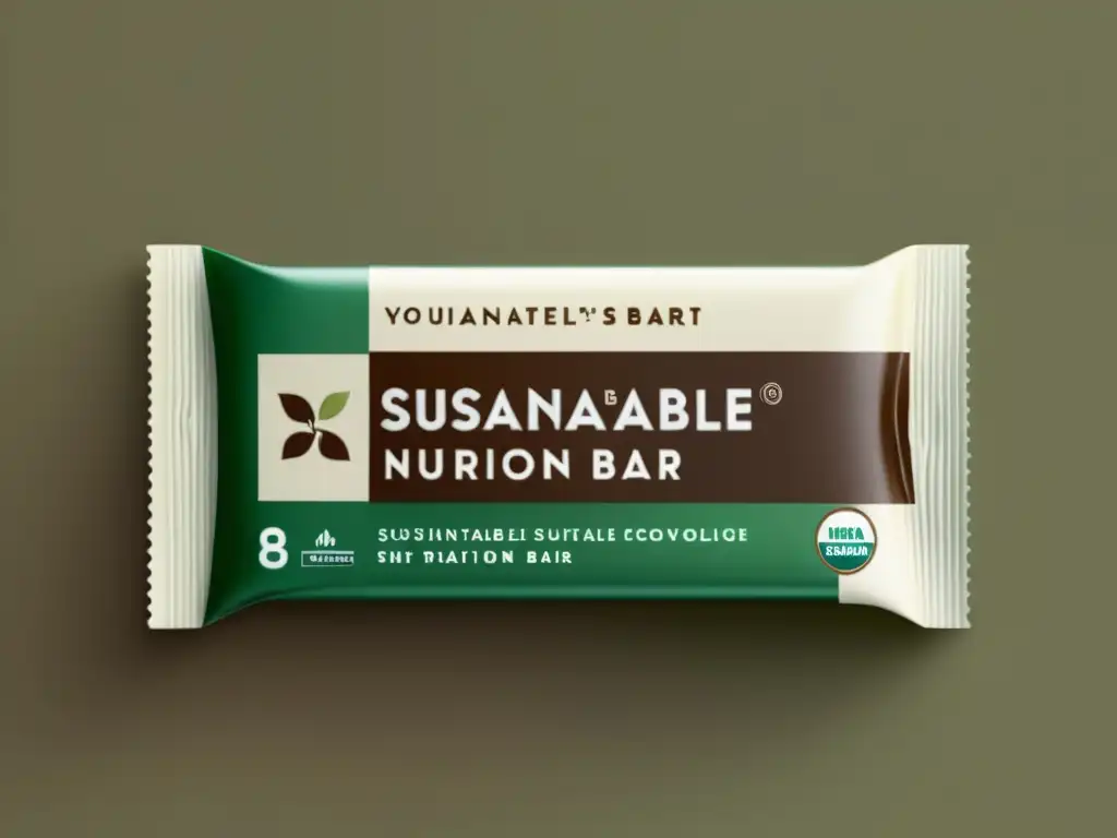 Barrita nutricional sostenible: detalle ultradetallado Una barra de nutrición sostenible con diseño moderno y tonos terrosos, resaltando sus ingredientes ecofriendly