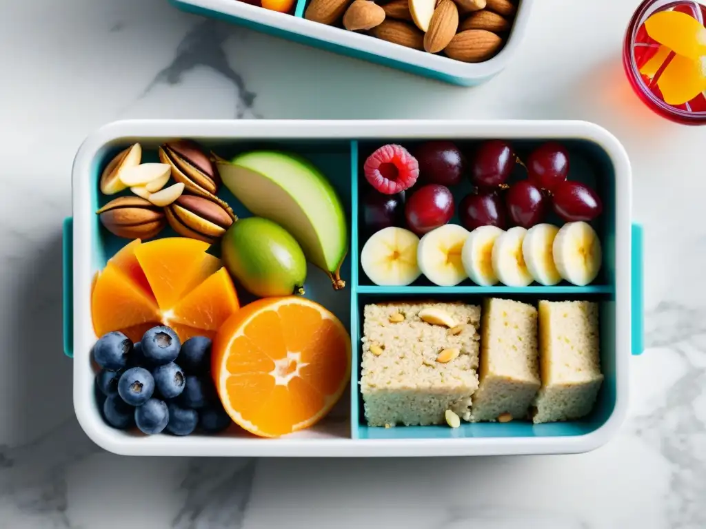 Deliciosos snacks saludables en elegante bento box Un bento box moderno y elegante con snacks para largas tiradas de entrenamiento, organizado sobre una encimera de mármol con luz natural