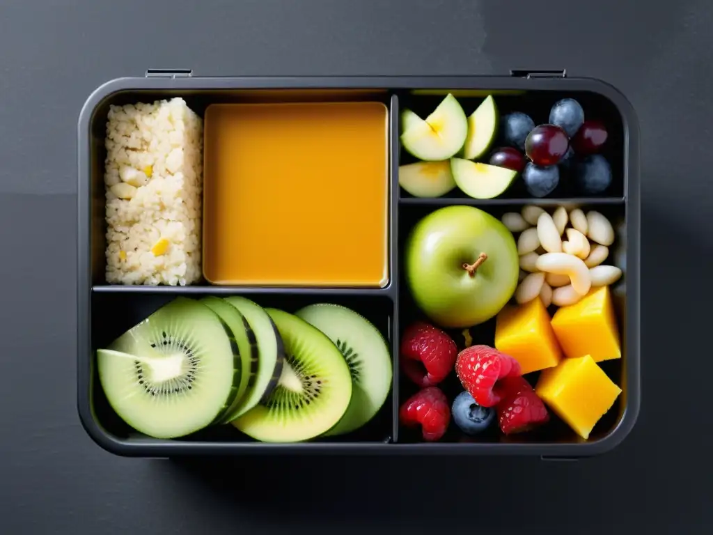 Variada y Colorida Bento Box de Snacks Energéticos Un bento box moderno y minimalista con una vibrante variedad de snacks para largas tiradas entrenamiento, artísticamente presentados