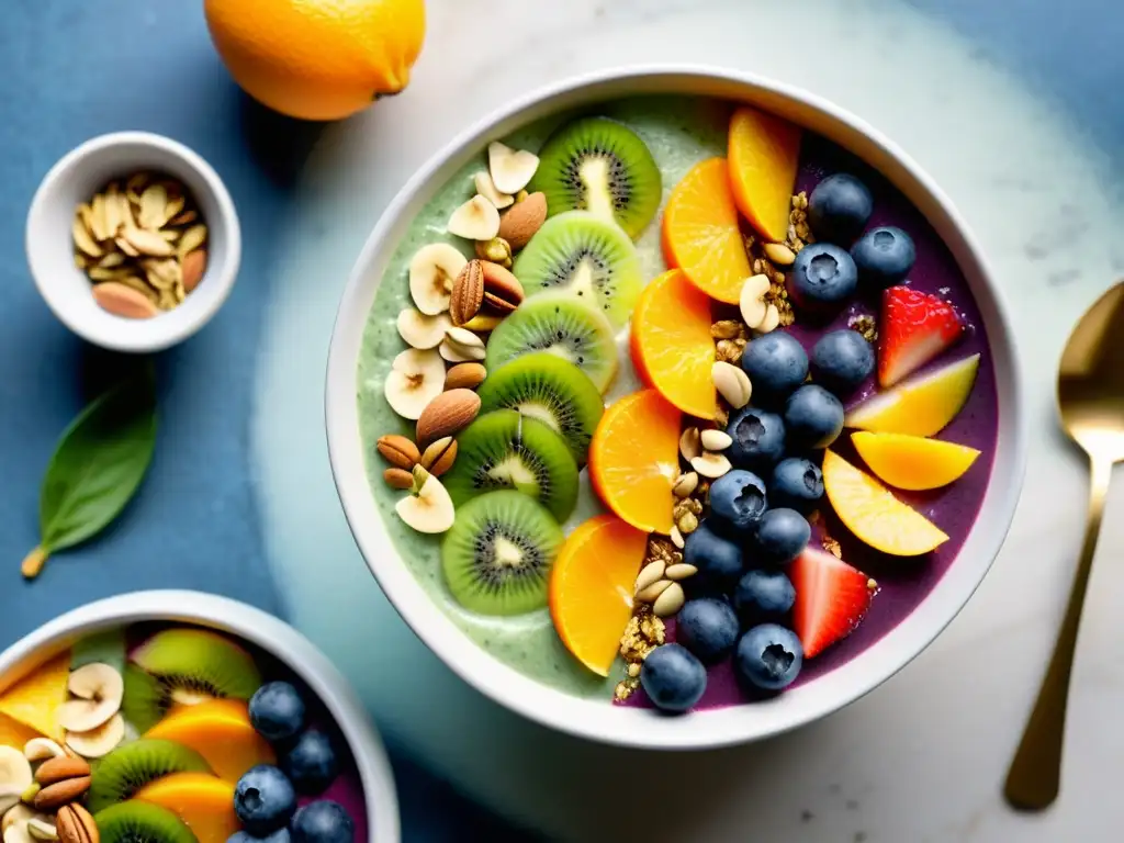 Deliciosa bowl de smoothie post-entrenamiento Un bol de smoothie colorido y detallado con frutas, nueces y semillas, bañado por luz natural