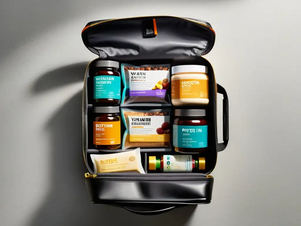 Bolso de viaje organizado con suplementos nutricionales Una bolsa de viaje moderna y organizada con suplementos y barras de proteína