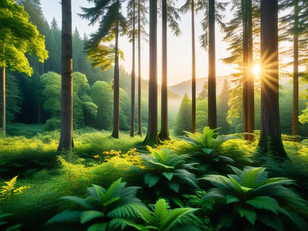 Bosque sereno al atardecer: luz dorada entre follaje Un bosque exuberante y tranquilo al atardecer, con los últimos rayos de sol filtrándose entre el follaje denso, creando un ambiente cálido y pacífico