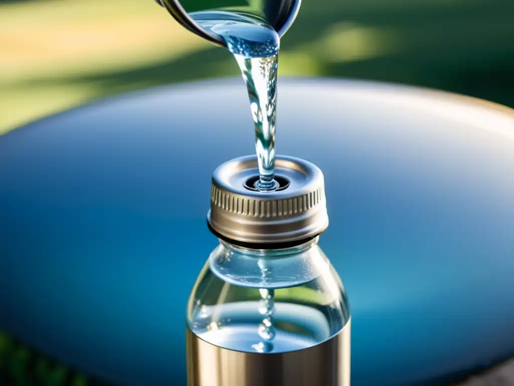 Una botella se llena con agua fresca y cristalina de un grifo plateado, capturando la esencia de la nutrición deportiva para vencer el insomnio