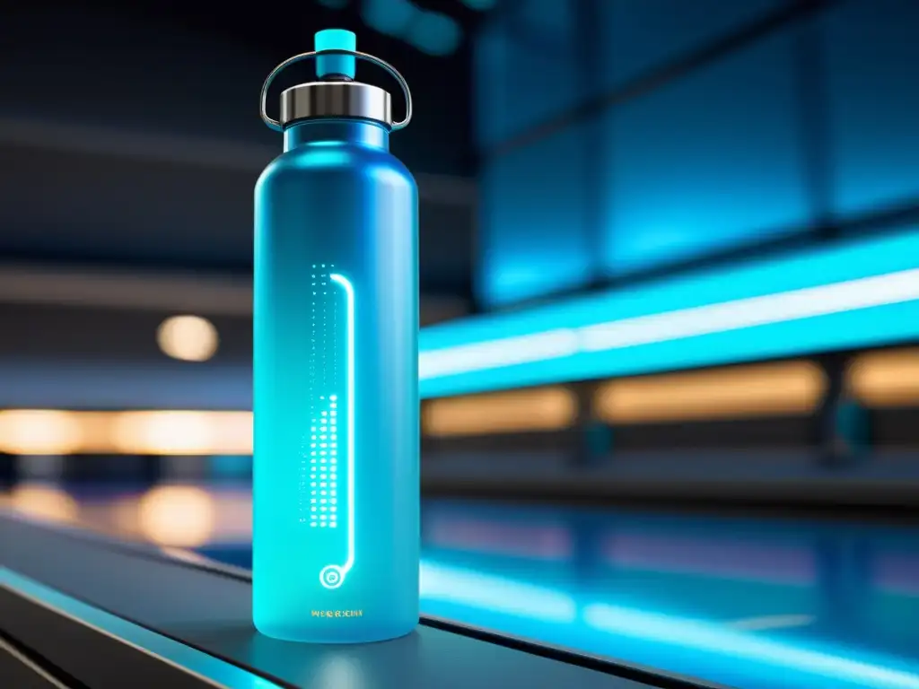Hidratación tecnológica en un gimnasio futurista Botella de agua moderna con pantalla digital integrada, en un entorno deportivo futurista