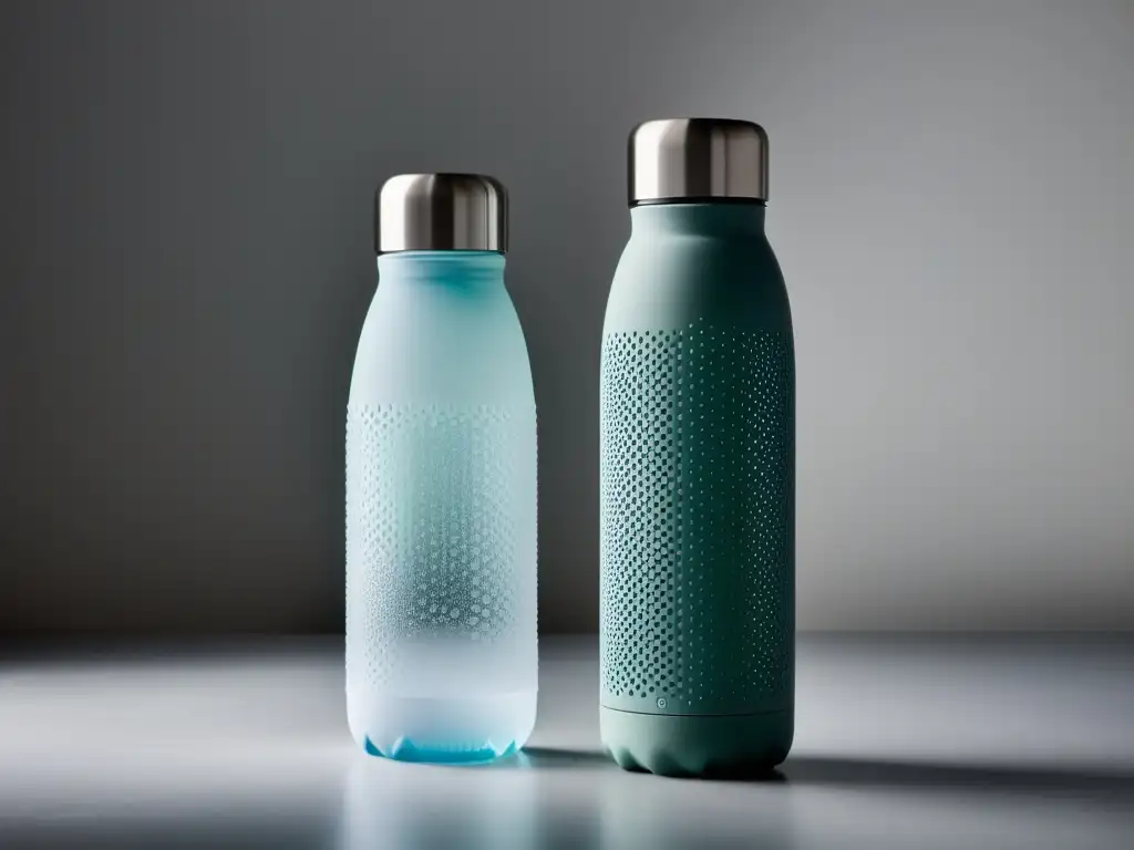 Botella de agua de vidrio moderna y elegante con gotas de condensación Botella de agua de vidrio moderna, elegante y minimalista, con gotas de condensación