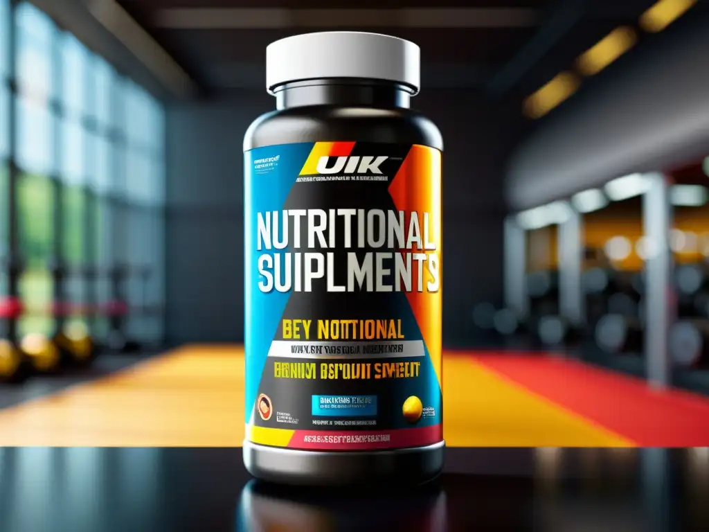 Suplementos nutricionales: energía y determinación en el gimnasio Botella de suplementos nutrición deportiva motivación en ambiente dinámico y energético de gimnasio con atletas en acción