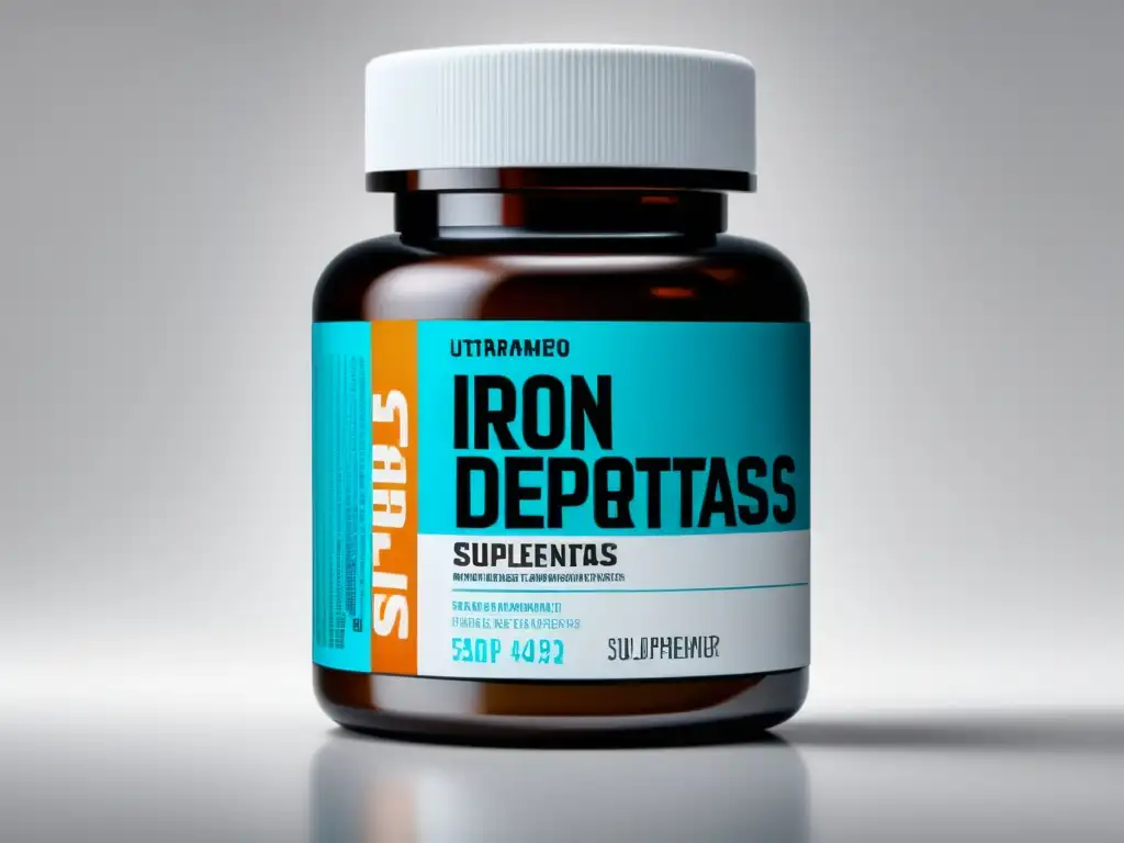 Suplementos de Hierro para Deportistas: Imagen Detallada Botella de suplementos de hierro para deportistas con diseño profesional y fondo blanco iluminado, sugiriendo confianza y relevancia deportiva