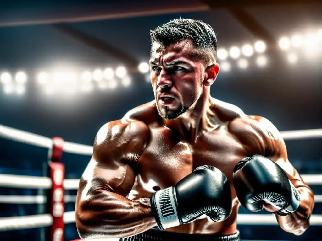 Atleta boxeador en acción: determinación y sudor Un boxeador musculoso y sudoroso toma agua en el ring, irradiando determinación