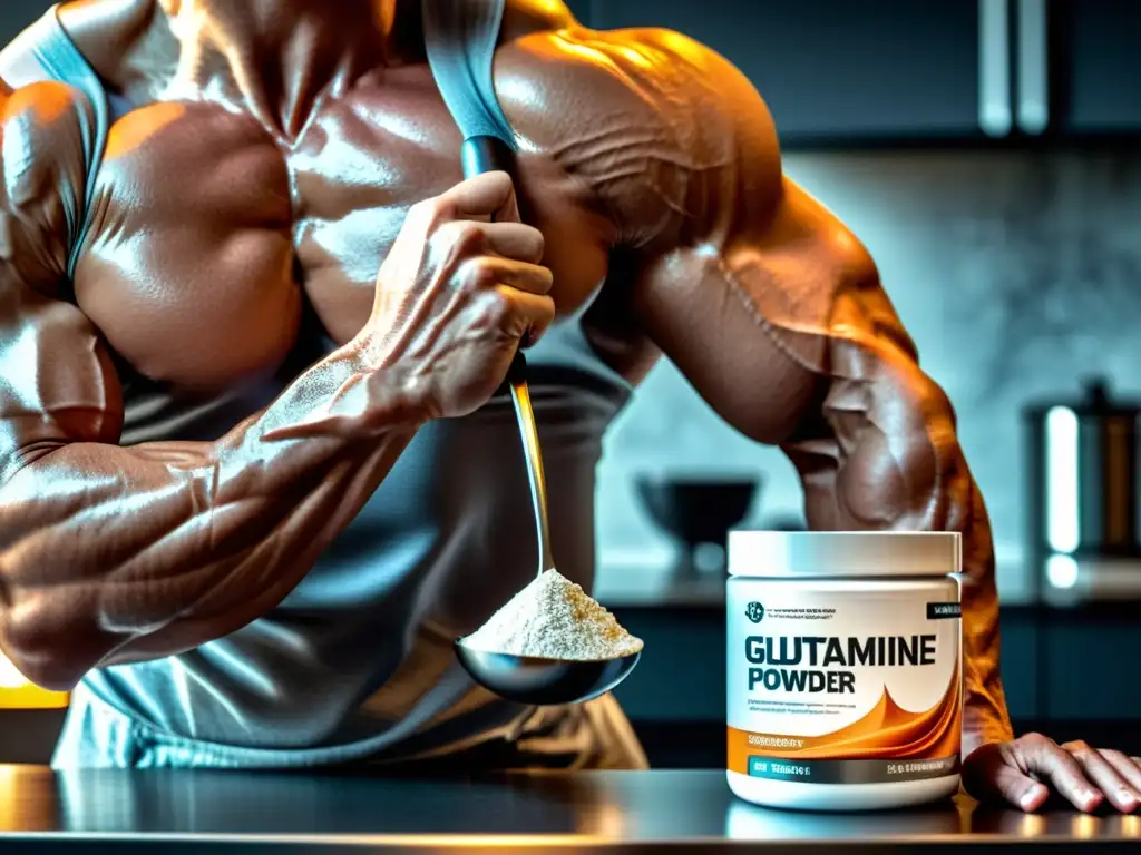 Musculoso brazo sosteniendo glutamina en polvo Un brazo musculoso sostiene glutamina para recuperación muscular, en un ambiente moderno y profesional en la cocina