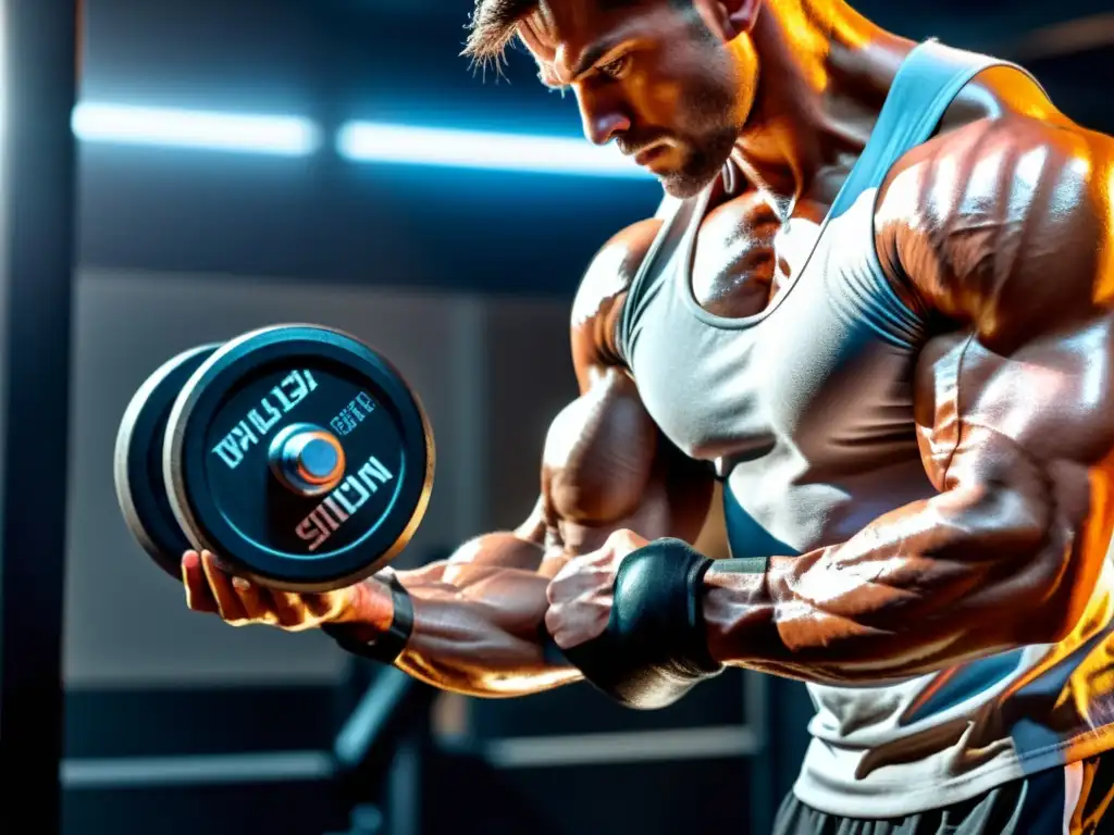 Musculoso levantando pesado dumbbell en gimnasio moderno Un brazo musculoso levanta una pesada mancuerna en un gimnasio moderno con iluminación dramática