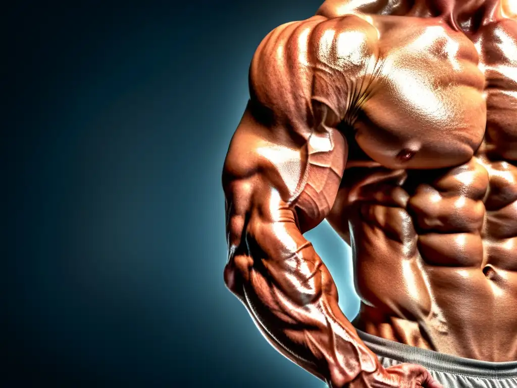 Brillante musculatura: potencia y recuperación con glutamina Un brazo musculoso goteando sudor bajo una iluminación dramática, destacando las venas y la definición muscular