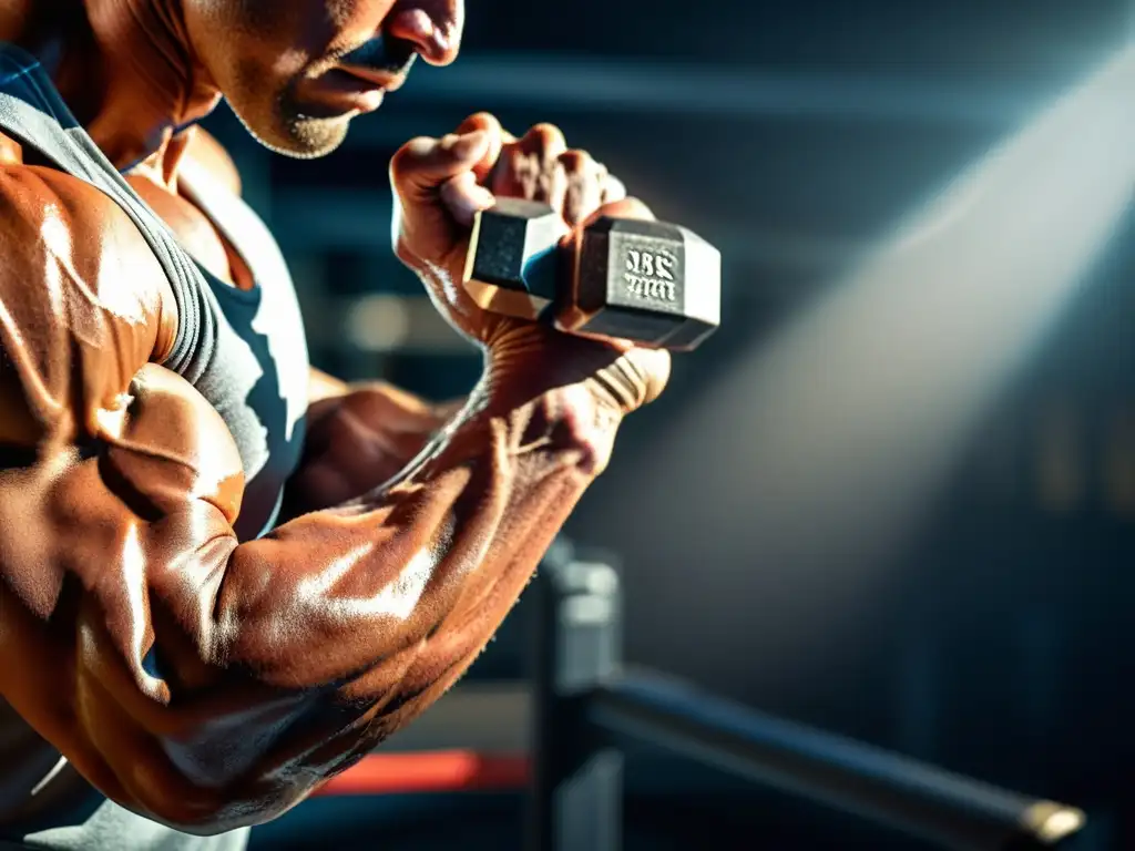 Intenso entrenamiento: brazo musculoso con venas y sudor levantando pesas Un brazo musculoso y sudoroso levanta pesas en un intenso entrenamiento, destacando la fuerza y determinación