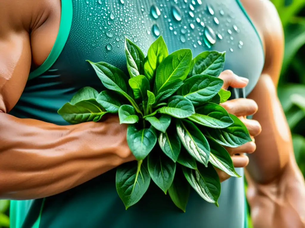 Un brazo musculoso sostiene vegetales verdes con gotas de agua, resaltando los beneficios del magnesio en deportistas