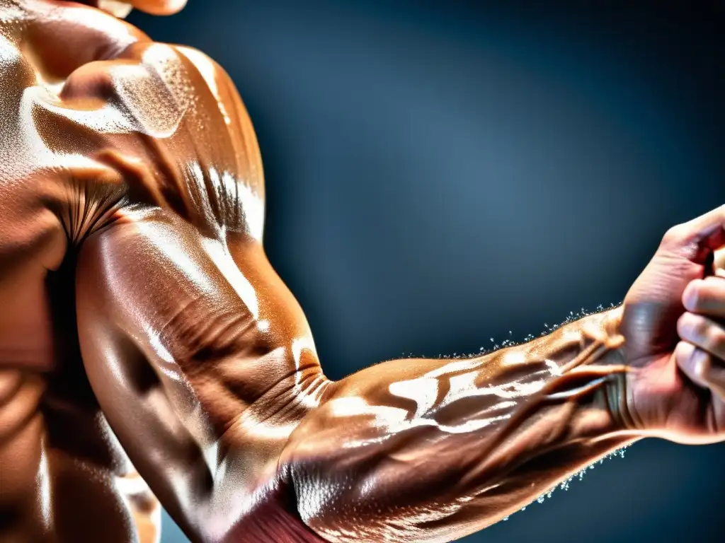 Brillo y fuerza: la importancia del colágeno en la recuperación atlética El brillo del sudor en un brazo atlético destaca los beneficios del colágeno en la recuperación de tejidos conectivos