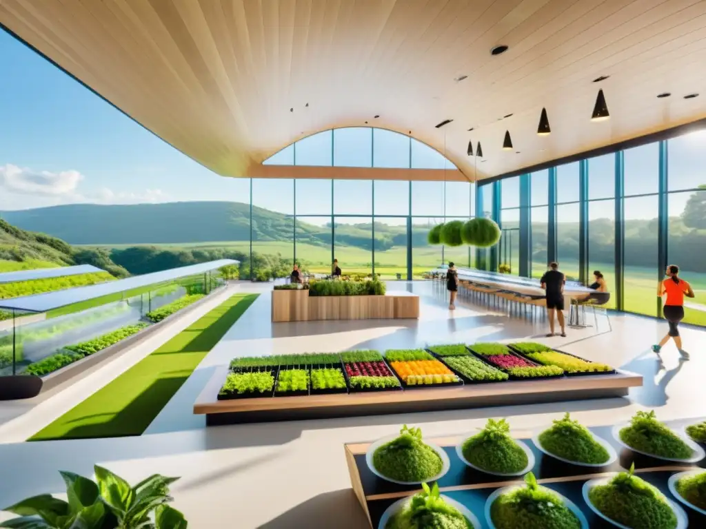 Instalación ecoamigable de nutrición deportiva en entorno natural Un centro de nutrición deportiva futurista y ecológico, rodeado de exuberante naturaleza