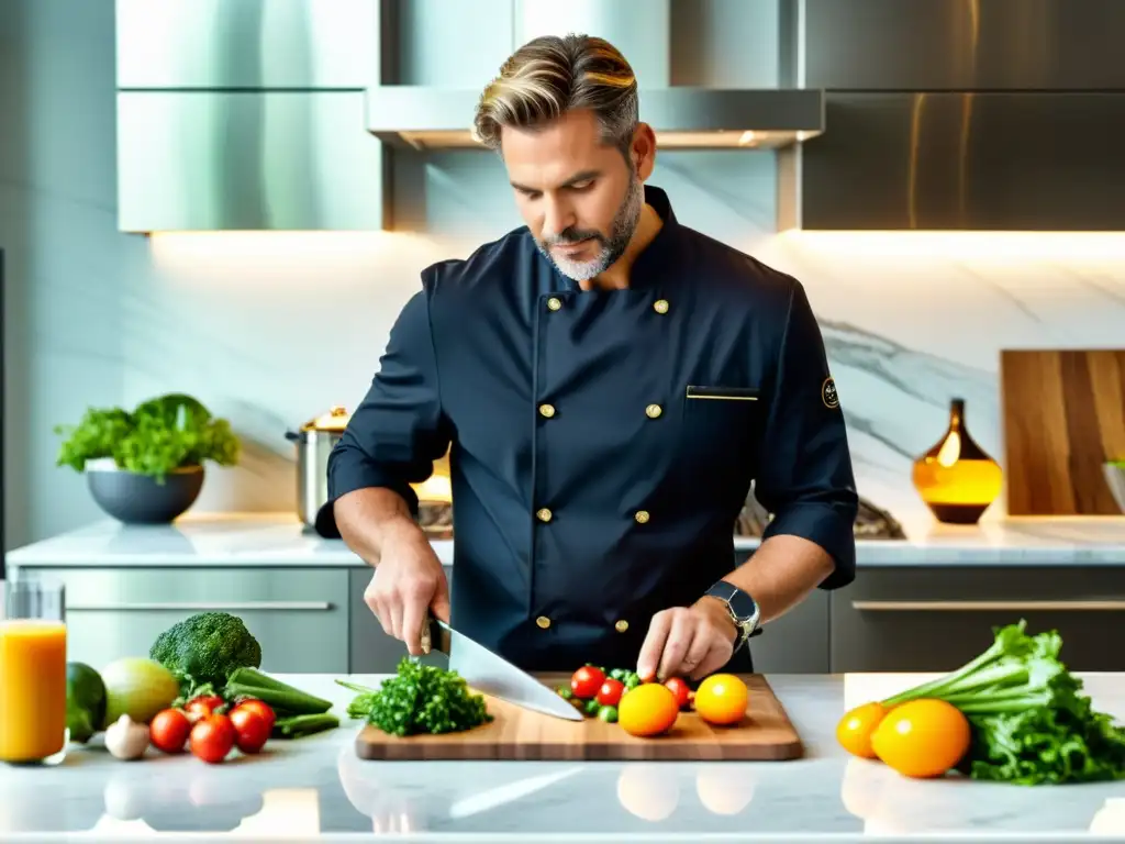 Cocina profesional con chef experto en crononutrición Chef preparando una comida balanceada con ingredientes frescos en una cocina moderna y bien iluminada