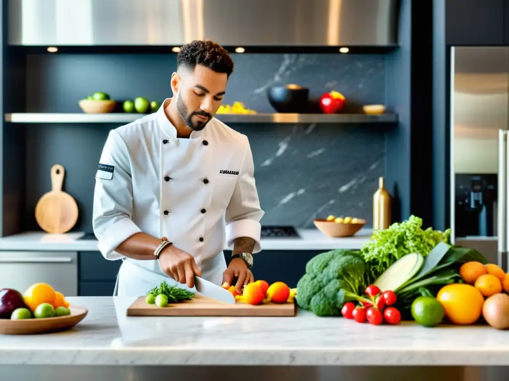 Cocina moderna y saludable: Chef preparando una deliciosa comida Un chef prepara un festín saludable en una cocina moderna y luminosa, ideal para planes de comidas para karate