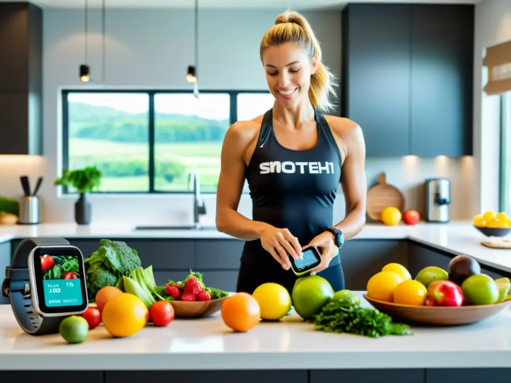 Ciclista preparando comida saludable en cocina moderna Un ciclista prepara una comida balanceada en una cocina moderna, con un plan de nutrición deportiva personalizada en su smartwatch