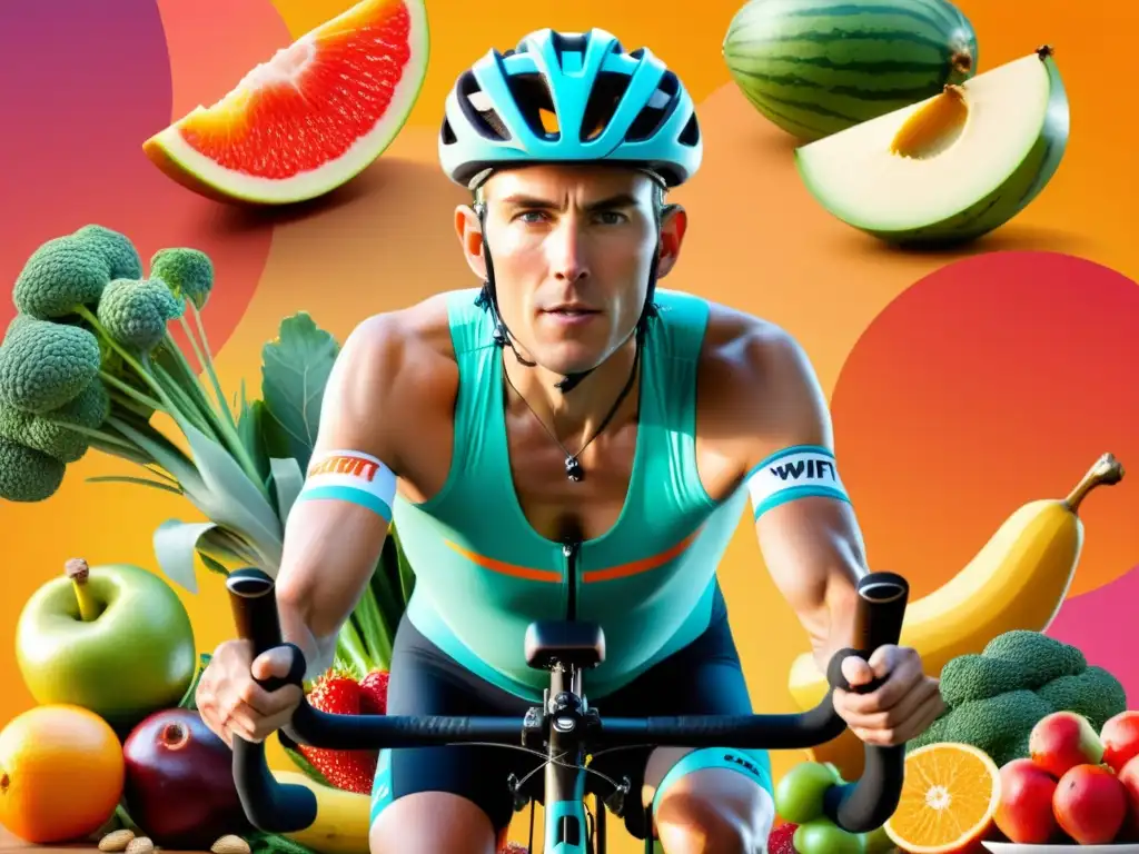 Motivación fitness: Ciclista Zwift rodeado de alimentos saludables Un ciclista enfocado pedalea rodeado de alimentos saludables, con equipamiento Zwift