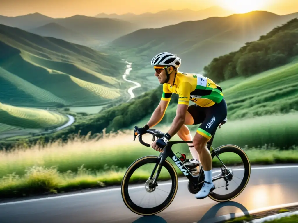 Desafío en bicicleta: nutrición para el ciclismo de montaña Un ciclista recorriendo montañas con valles verdes y el sol poniéndose, reflejando la dureza y belleza de las etapas montañosas en el ciclismo