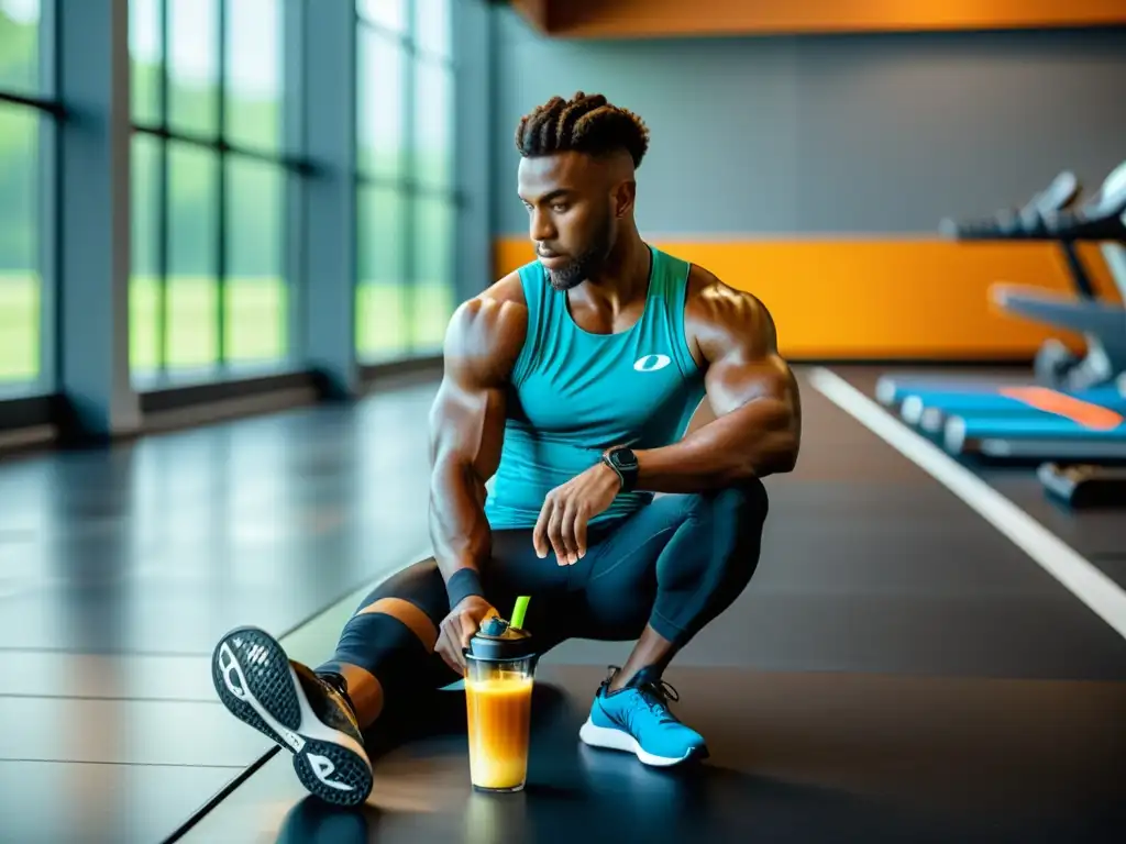 Ciclista profesional post-entrenamiento con batido de proteínas Un ciclista profesional consumiendo un batido post-entrenamiento, destacando la importancia del timing nutricional para la recuperación muscular en un gimnasio moderno y luminoso