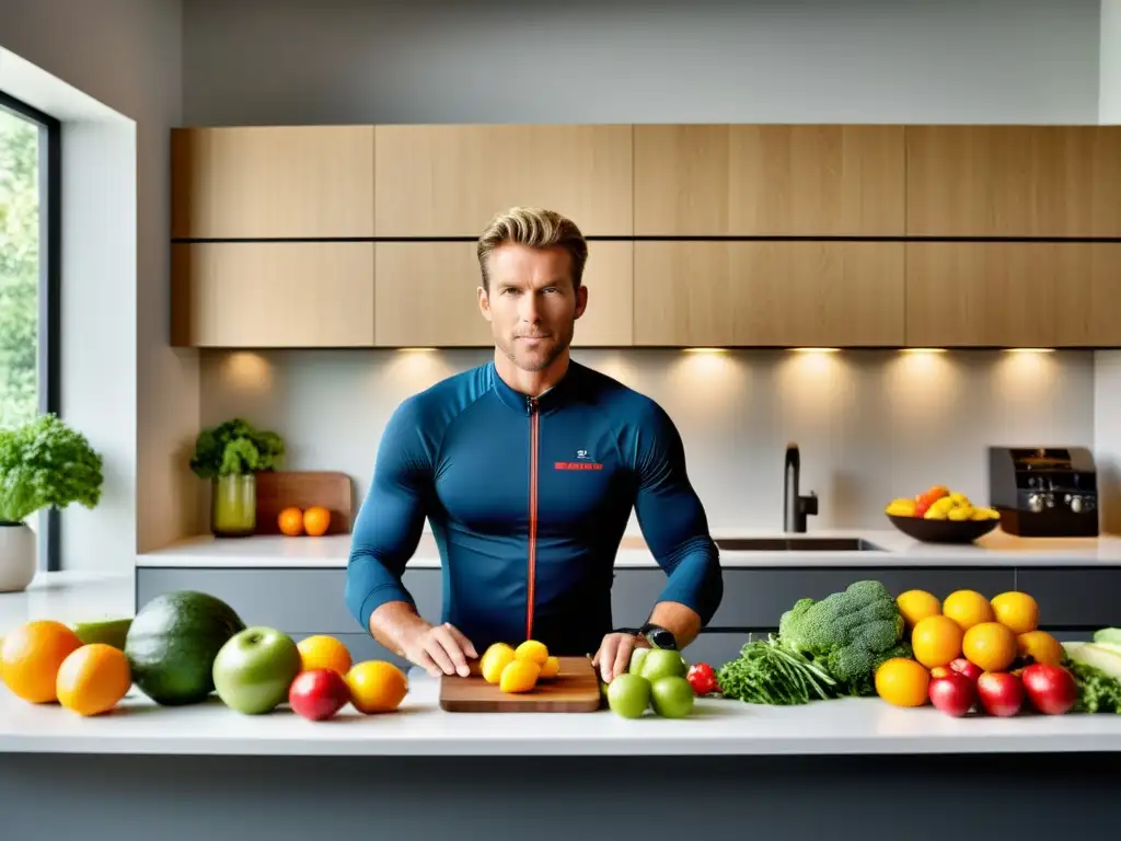 Ciclista profesional preparando comida saludable en cocina moderna Un ciclista profesional se concentra en preparar una comida balanceada en una cocina moderna, con ingredientes frescos y coloridos