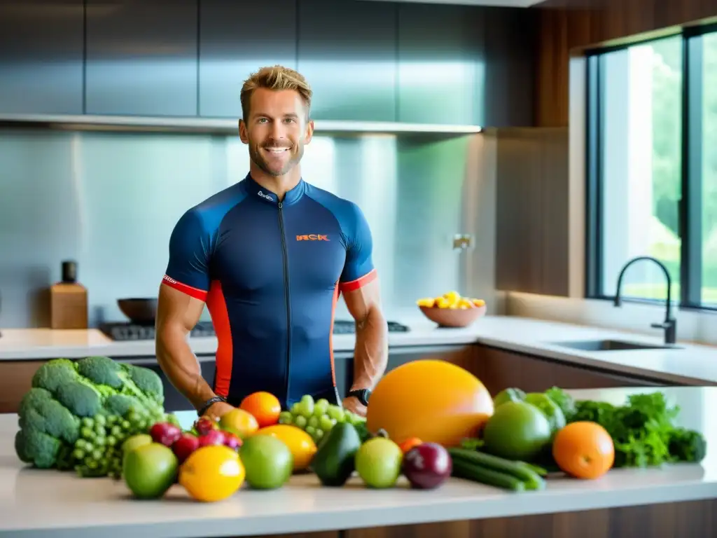 Ciclista preparando comida saludable: fusión de nutrición y deporte Un ciclista profesional prepara una comida balanceada en una cocina moderna, destacando ingredientes frescos y vibrantes