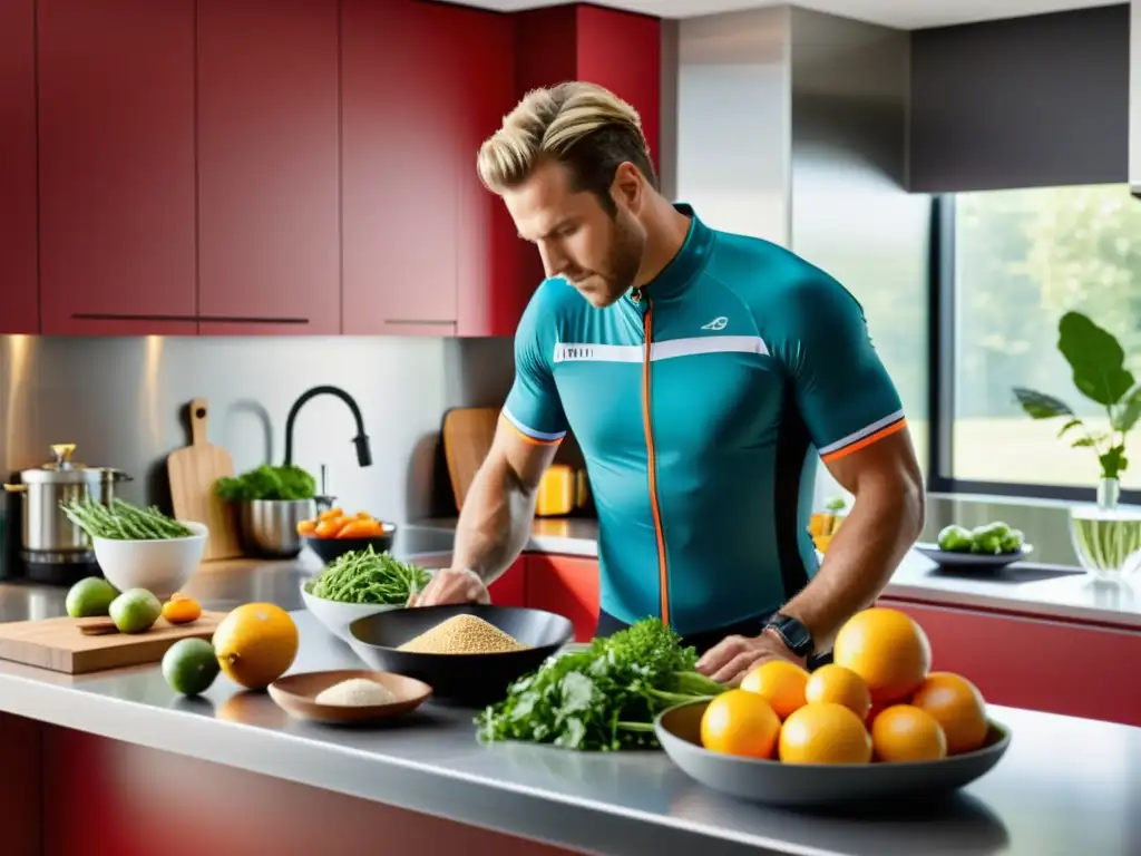 Nutrición de Ciclista: Precisión y Vitalidad en la Cocina Un ciclista profesional prepara con precisión su nutrición deportiva personalizada para optimizar su rendimiento en el ciclismo