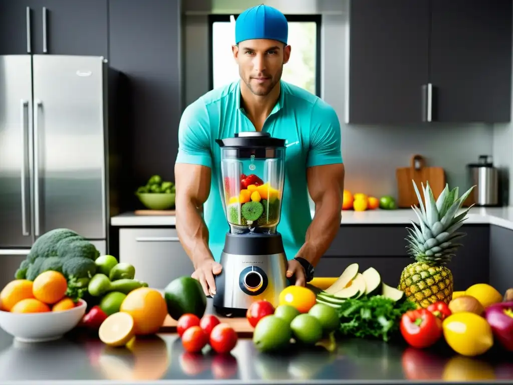 Ciclista profesional preparando batido de frutas y verduras Un ciclista profesional prepara una mezcla de frutas y verduras en una cocina moderna, mostrando determinación y disciplina