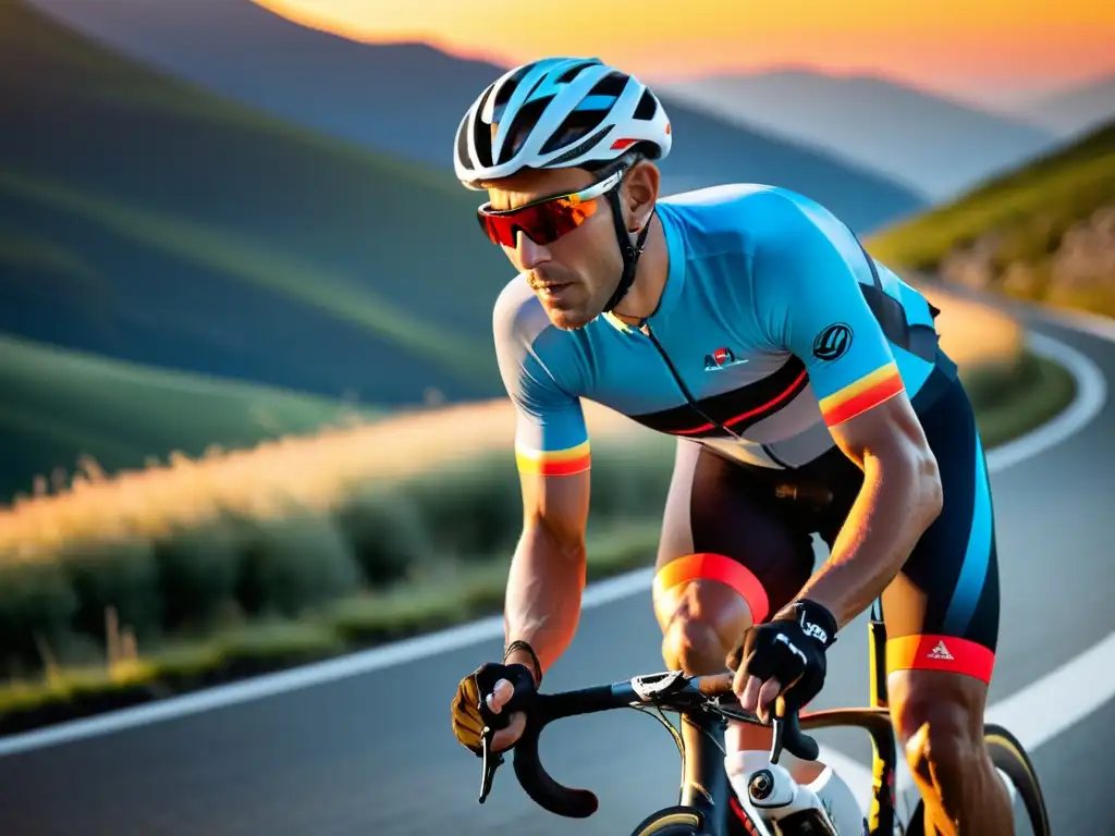 Ciclista profesional conquistando montañas al atardecer Un ciclista profesional desafiando las montañas al atardecer, reflejando determinación y rendimiento ciclismo
