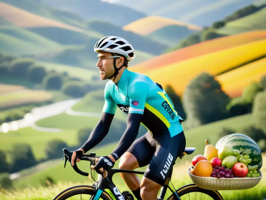 Nutrición ciclista: vitalidad en paisaje natural Un ciclista profesional sostiene una variedad de alimentos nutritivos en un paisaje natural, transmitiendo vitalidad y determinación