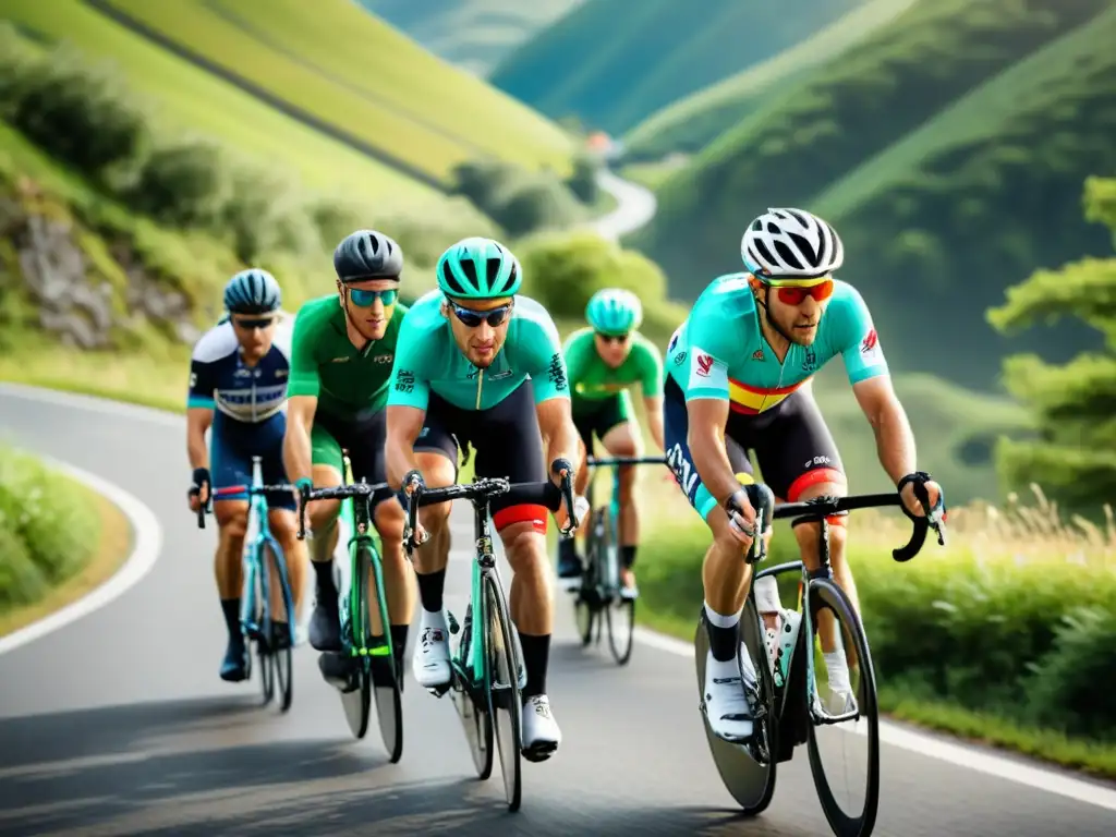 Equipo de ciclistas de élite desafiando montañas Ciclistas de élite en plena competencia en una carretera sinuosa de montaña, con paisajes verdes y colores vibrantes