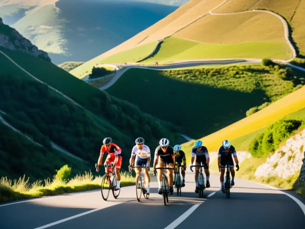 Desafío ciclista: conquistando la montaña al atardecer Ciclistas profesionales conquistan la montaña al atardecer
