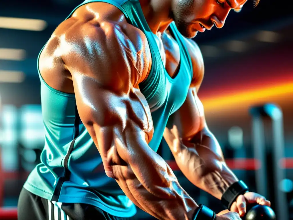 Brillo y fuerza: Detalle de antebrazo de atleta en 8k Closeup de un antebrazo musculoso de atleta con sudor, venas y tendones destacados