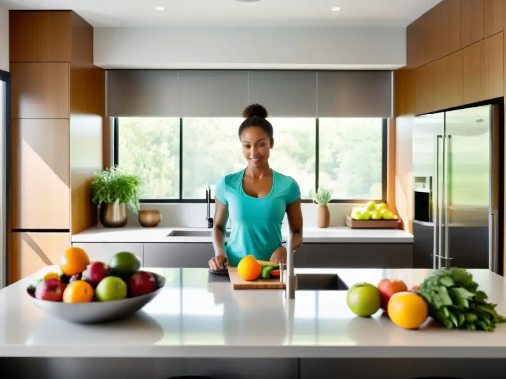 Cocina moderna: Preparación de comidas saludables Una cocina moderna con alimentos frescos y preparación de comidas saludables