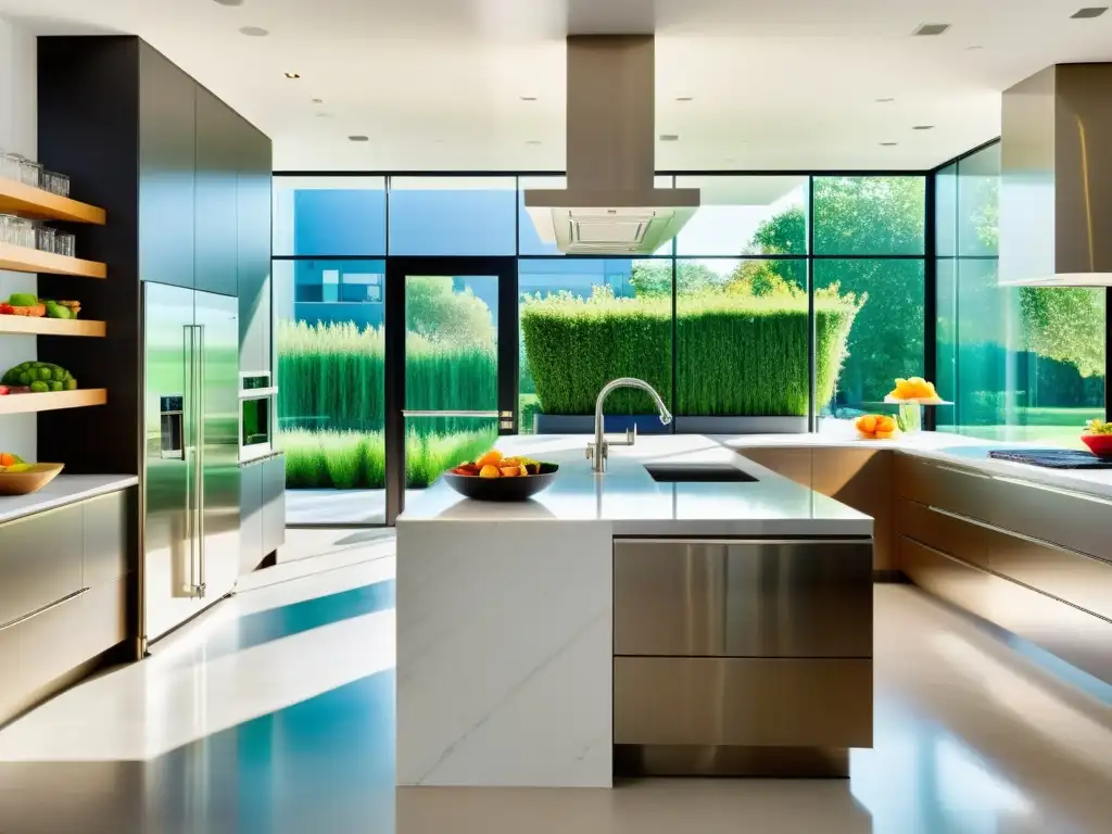 Cocina moderna y saludable con chef profesional Una cocina moderna y elegante con una isla central, ingredientes frescos y un chef preparando una comida vibrante