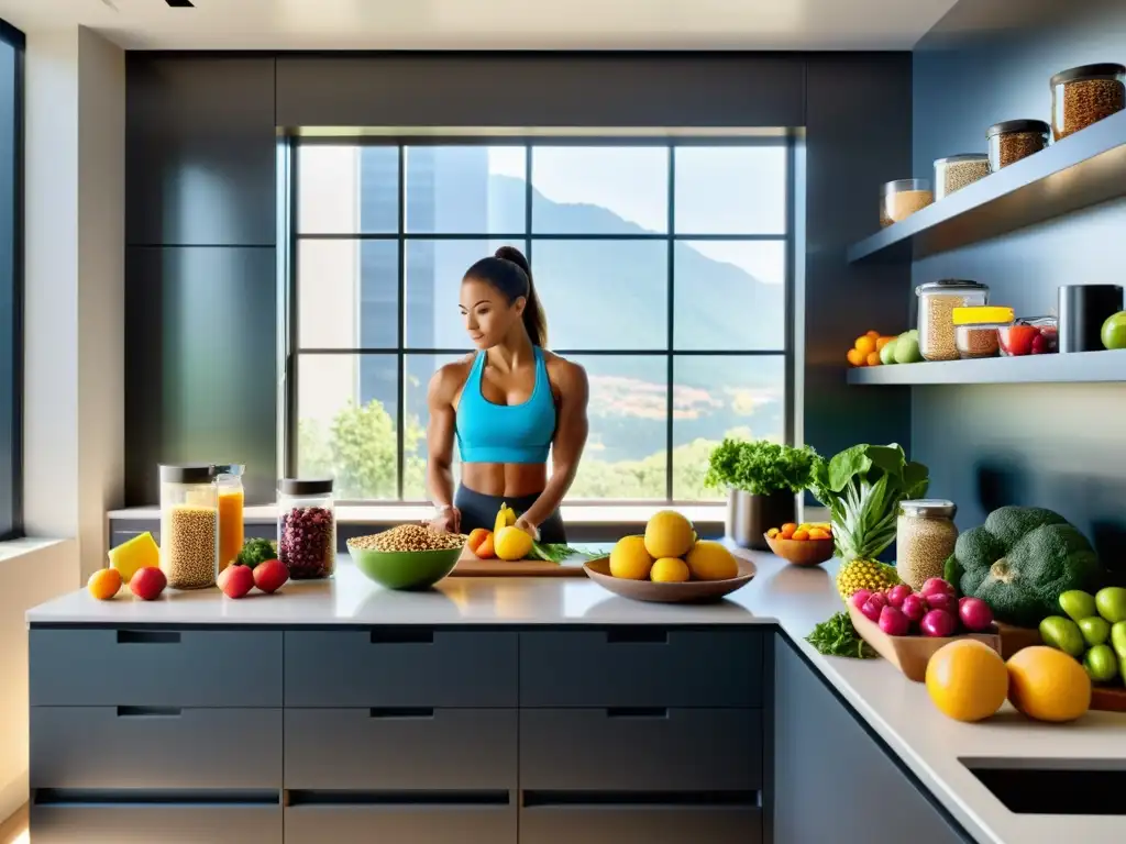 Cocina moderna y saludable con atleta preparando comida posentrenamiento Una cocina moderna llena de alimentos vibrantes y saludables