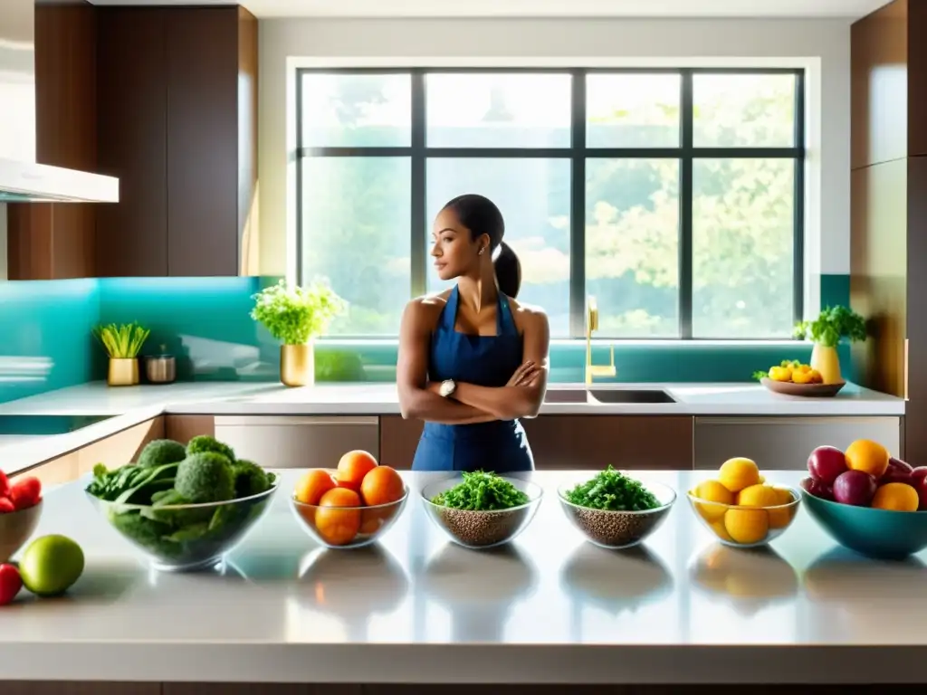 Nutricionista profesional preparando comida vibrante en cocina moderna Una cocina moderna llena de frutas y verduras frescas, con luz natural
