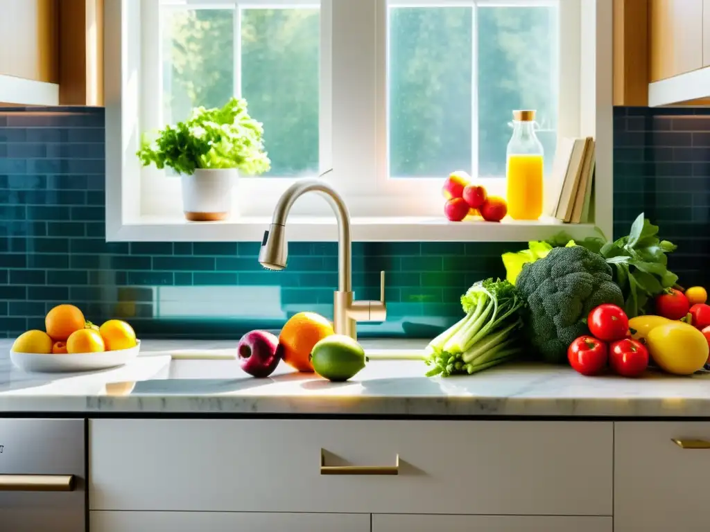 Cocina moderna y saludable con frutas y verduras frescas Una cocina moderna y serena con frutas y verduras frescas, estratégicas para combatir ansiedad precompetitiva