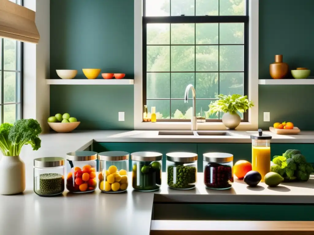 Cocina moderna y serena con suplementos estratégicamente organizados Una cocina moderna y serena con suplementos estratégicamente organizados junto a frutas y verduras frescas