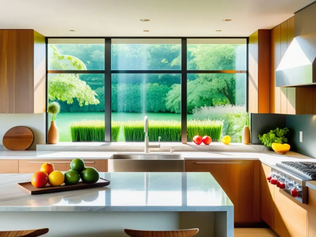 Cocina moderna y serena con alimentos frescos Una cocina moderna y serena con vista a un exuberante jardín