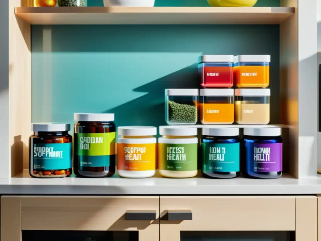 Suplementos saludables en cocina moderna Una cocina moderna con suplementos y vitaminas organizados en contenedores transparentes, bañada por luz natural