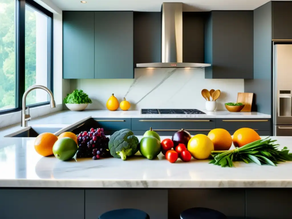 Cocina moderna con ingredientes frescos y coloridos Una cocina moderna y vibrante con ingredientes frescos organizados en la encimera