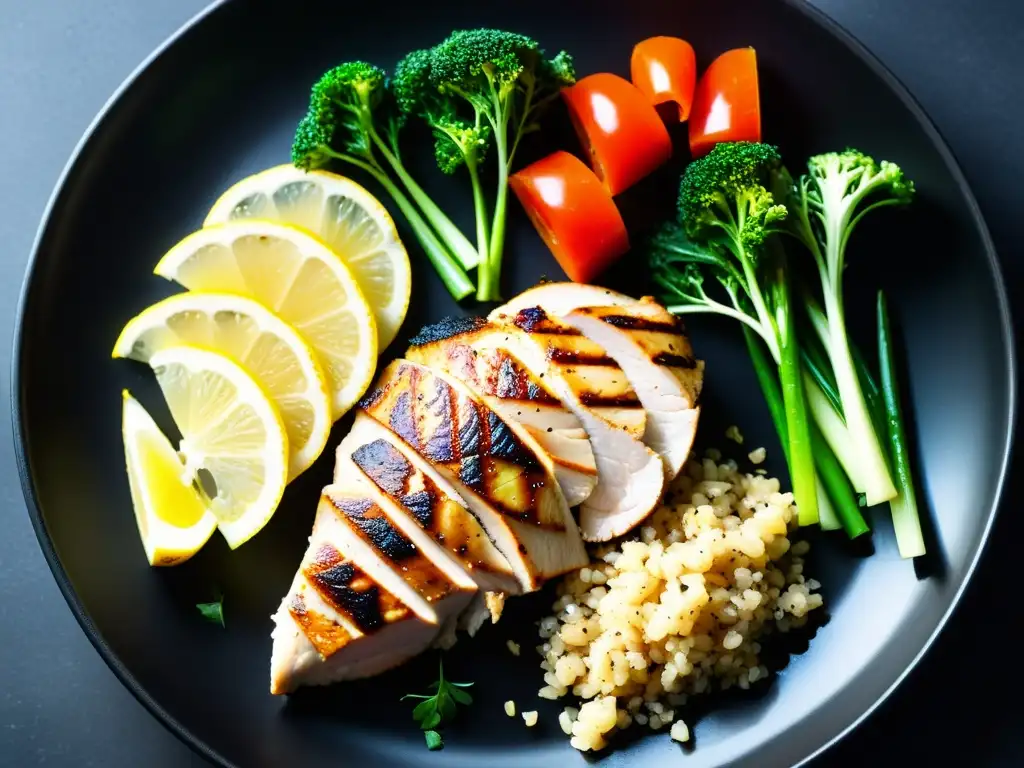 Deliciosa comida para bodybuilders: pollo a la parrilla, vegetales y quinua Una comida balanceada para culturistas: pechuga de pollo a la parrilla, verduras al vapor, quinoa en un plato negro